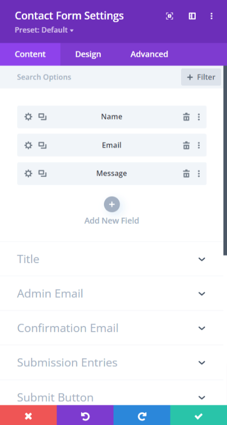 Contact form settings panel
